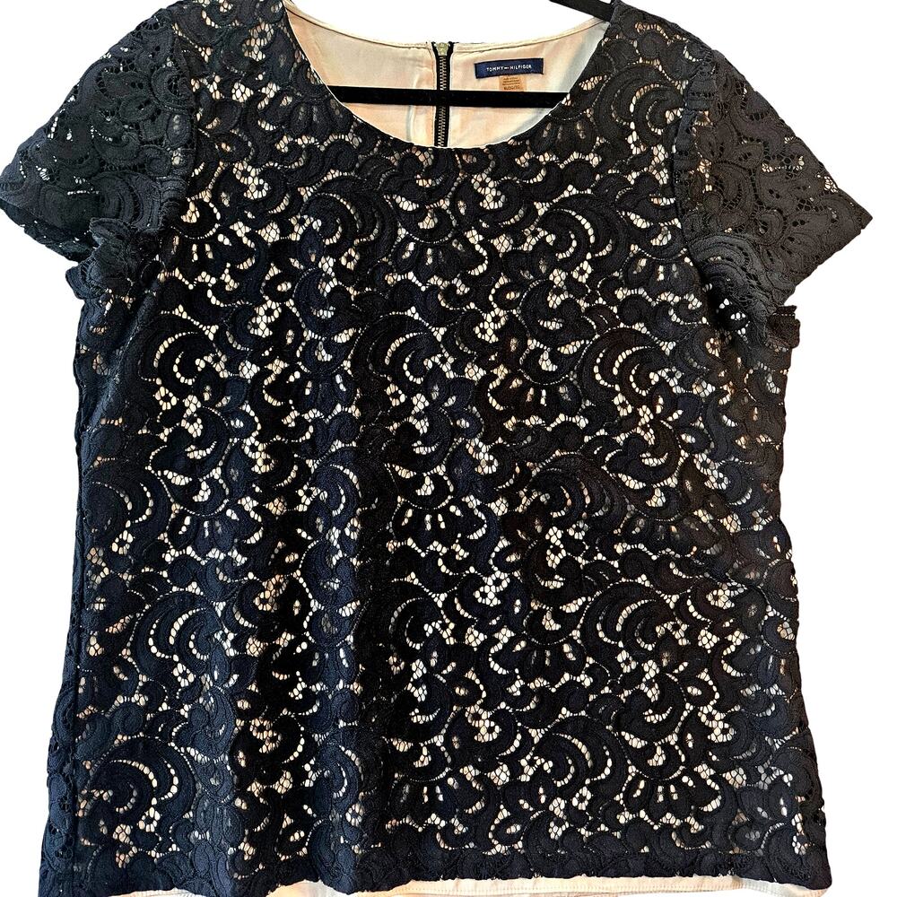 Tommy Hilfiger Black Lace Tan Lined Top Size XL EUC Fairy Chic Classic